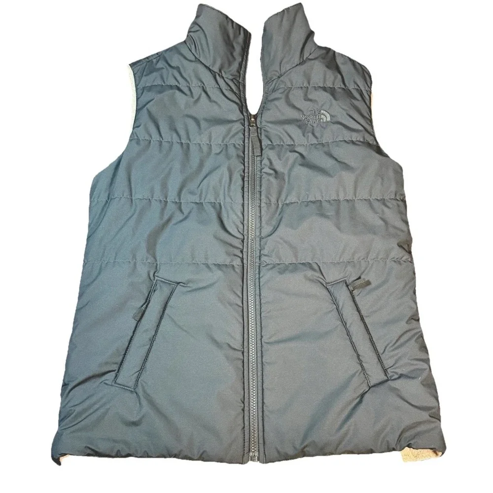 The North Face Womens Puffer Vest Dark Gray Sherpa Lined Full‎ Zip Small